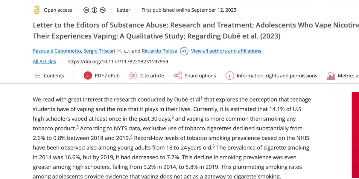 Scopri di più sull'articolo Lettera CoEHAR a Substance Abuse: studi su giovani e vaping